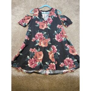 CY Womens Floral Cold Shoulder Mini Dress Gray Pink Rose V-Neck Swing Medium